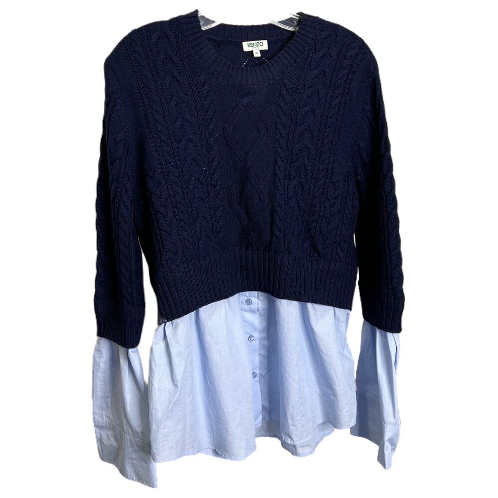 KENZO Paris Women's Size XL Navy Hybrid‎ Sweater Cable Knit + Button Down Shirt